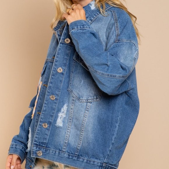 Oversized Distressed Denim "Love" Jacket - Picture 3 of 16